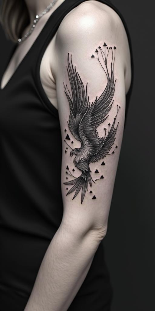 arm cover up, mix of wolf and phoenixin minimalist style tattoo, featuring simple shapes and fine lines, with minimal shading and details, tiny triangles, creating a sense of balance and harmony - Variation 2