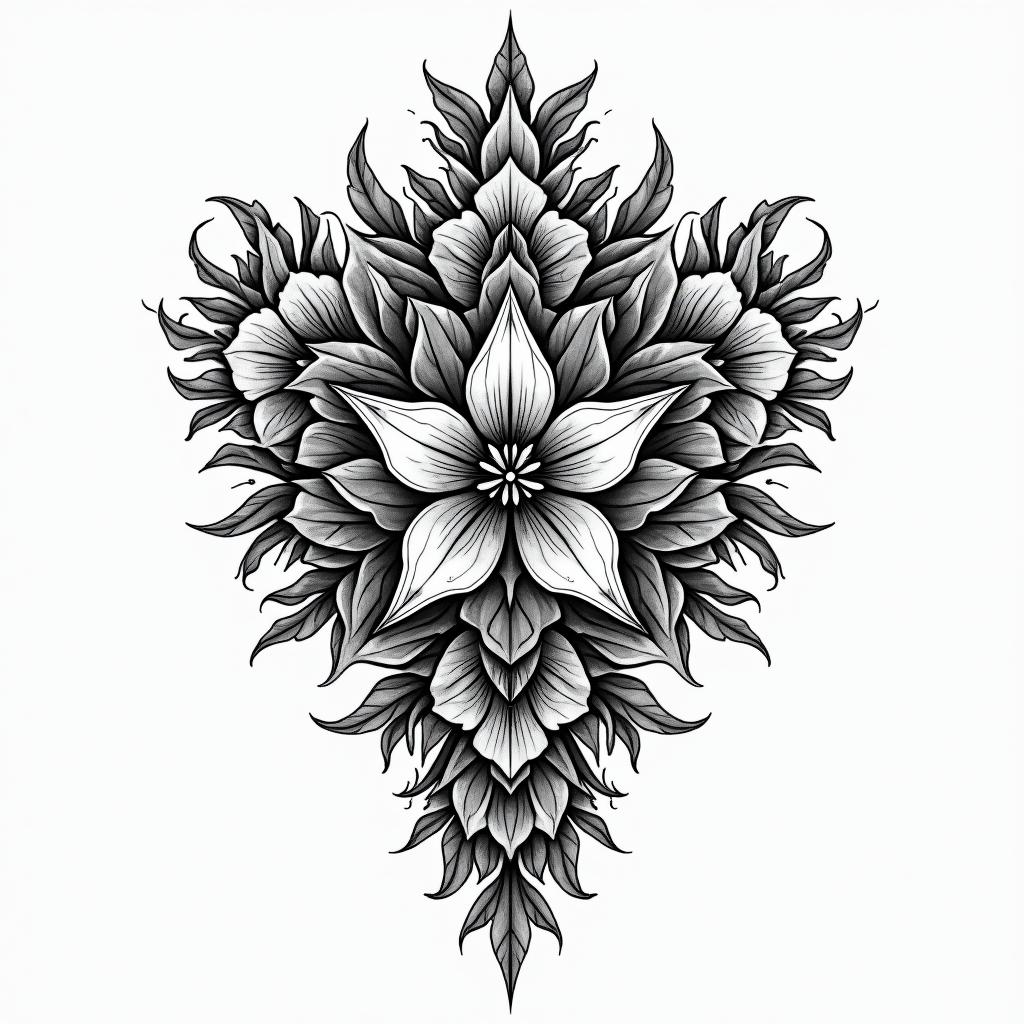 Catia,touro,montijoin ornamental tattoo style, featuring intricate symmetrical patterns and floral designs, showcasing highly detailed line work and geometric shapes, creating a sense of elegance and balance - Variation 3