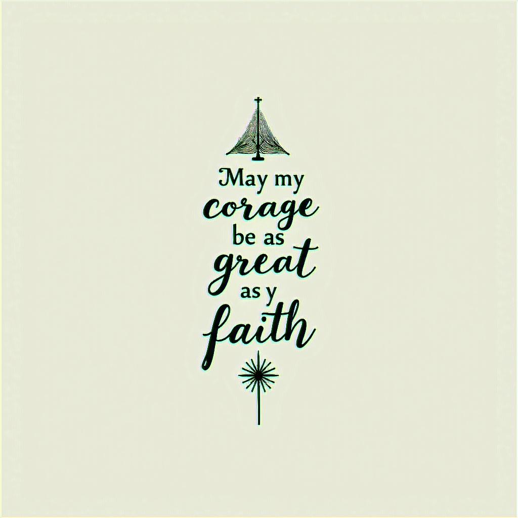 A vertical minimalist tattoo of the phrase "May my courage be as great as my faith," in elegant and strong letters, symbolizing overcoming and resilience, with a small icon of a mountain next to it, representing courage and determination.higly detailed tattoo