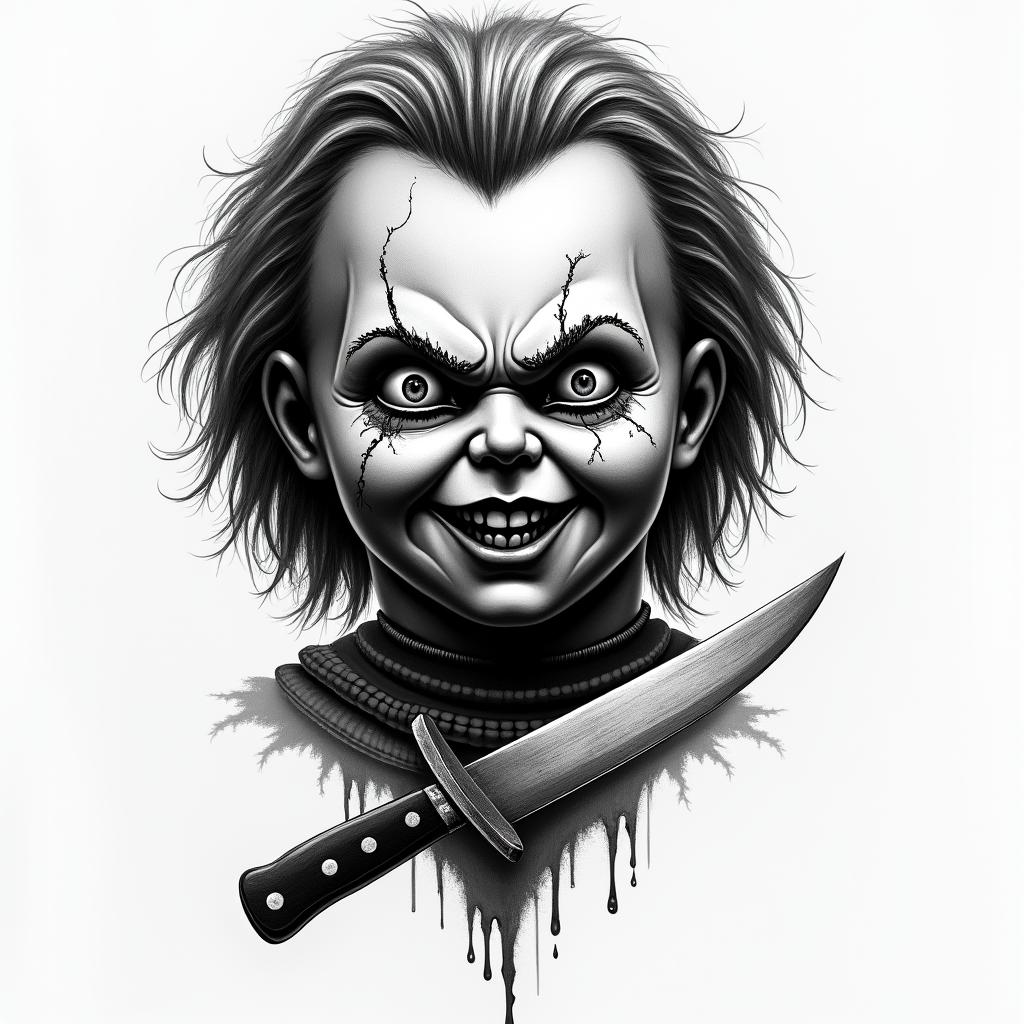 Hahaha with 07 and Chucky’s knife and add so much detail in horror tattoo style, showcasing haunting and unsettling, dark and gritty textures with skulls, eerie faces, jgged designs, bold and intense shading