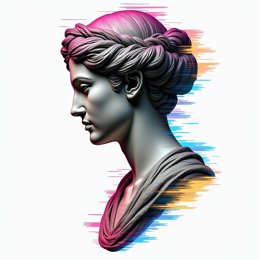 Chemistry, Brunain distorted and fragmented tattoo design, featuring a classical statue bust, in a glitch art style with vibrant, overlapping colors of cyan, magenta, and yellow, creating a digital distortion effect
