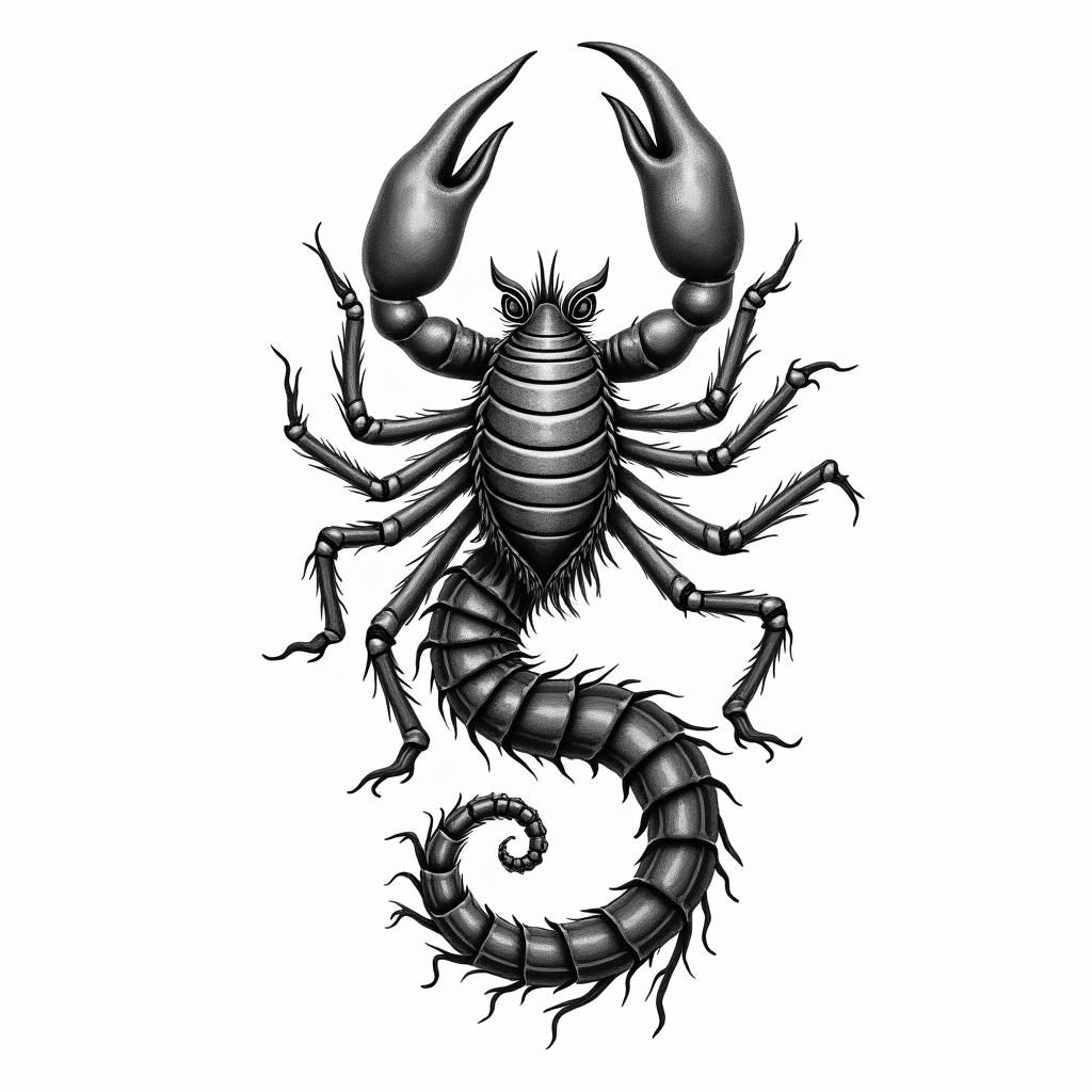 A tattoo design featuring a scorpion transforming into a tiger, symbolizing strength and transformation, incorporating elements of luck, the sea, and femininity. The design should be rich in detail, possibly blending realistic and abstract styles, with a flowing composition that evokes movement and harmony, while reflecting the zodiac sign of Scorpio.higly detailed tattoo - Variation 4