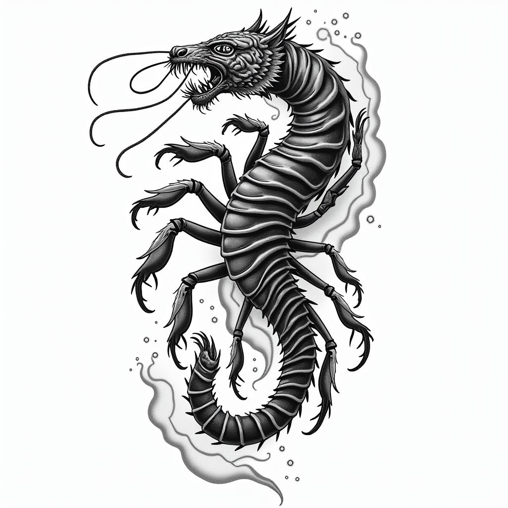 A tattoo design featuring a scorpion transforming into a tiger, symbolizing strength and transformation, incorporating elements of luck, the sea, and femininity. The design should be rich in detail, possibly blending realistic and abstract styles, with a flowing composition that evokes movement and harmony, while reflecting the zodiac sign of Scorpio.higly detailed tattoo - Variation 2