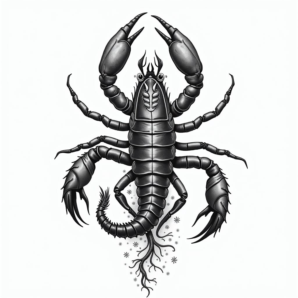 A tattoo design featuring a scorpion transforming into a tiger, symbolizing strength and transformation, incorporating elements of luck, the sea, and femininity. The design should be rich in detail, possibly blending realistic and abstract styles, with a flowing composition that evokes movement and harmony, while reflecting the zodiac sign of Scorpio.higly detailed tattoo