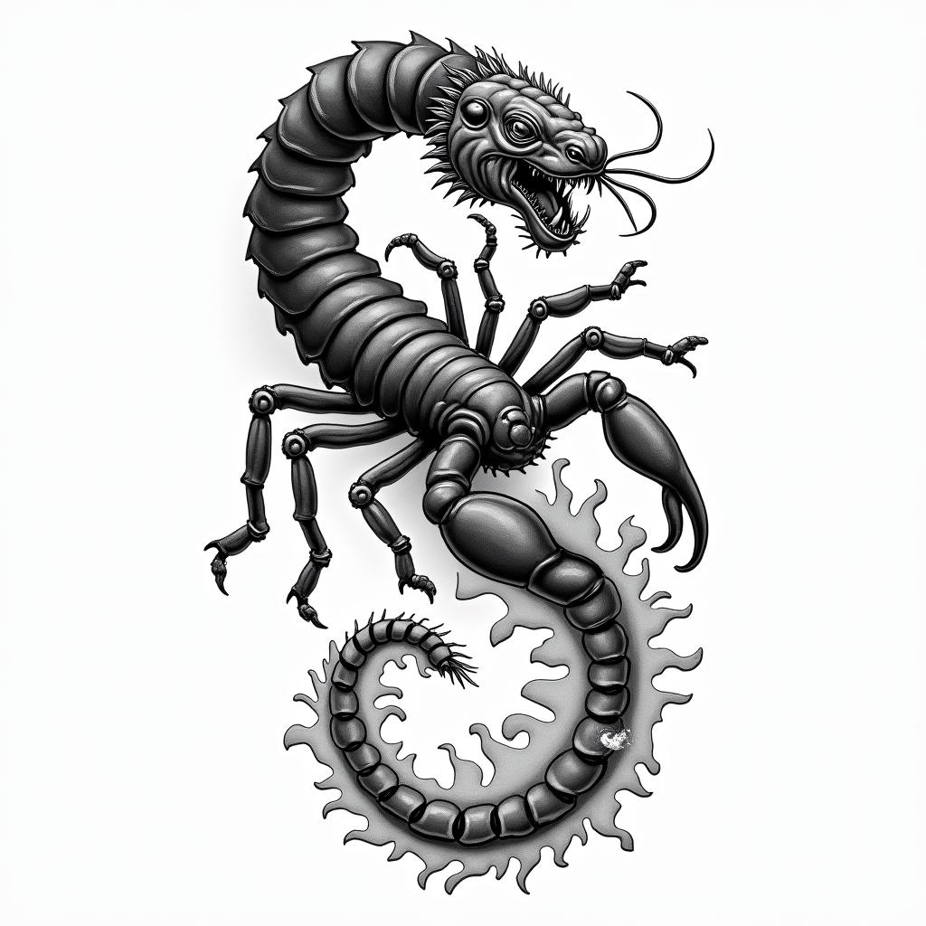 A tattoo design featuring a scorpion transforming into a tiger, symbolizing strength and transformation, incorporating elements of luck, the sea, and femininity. The design should be rich in detail, possibly blending realistic and abstract styles, with a flowing composition that evokes movement and harmony, while reflecting the zodiac sign of Scorpio.higly detailed tattoo - Variation 3