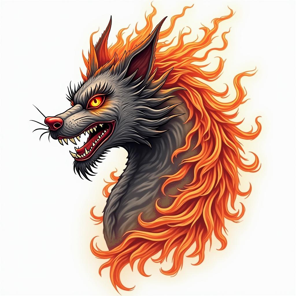 foo dogin flame tattoo style showcasing fiery elements with dynamic flame patterns, glowing effect of flames, natural colors