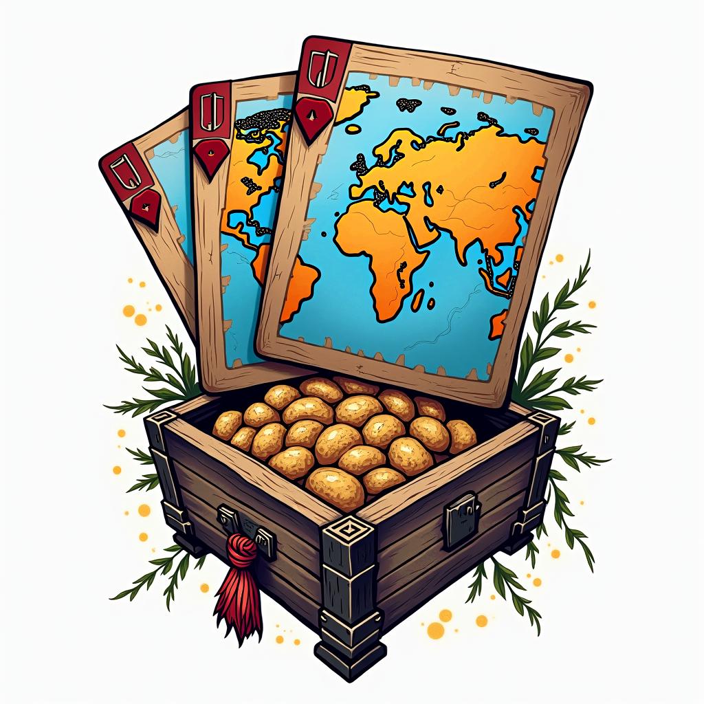 Card game, treasure, world map, Caribbeanin pop art style tattoo, featuring bold and vibrant colors, exaggerated outlines, iconic imagery, inspired by comic books and speech bubbles, comic book characters, retro pop culture - Variation 2