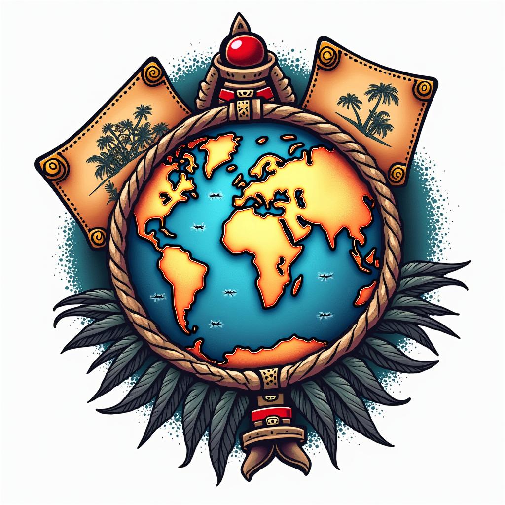 Card game, treasure, world map, Caribbeanin pop art style tattoo, featuring bold and vibrant colors, exaggerated outlines, iconic imagery, inspired by comic books and speech bubbles, comic book characters, retro pop culture - Variation 4