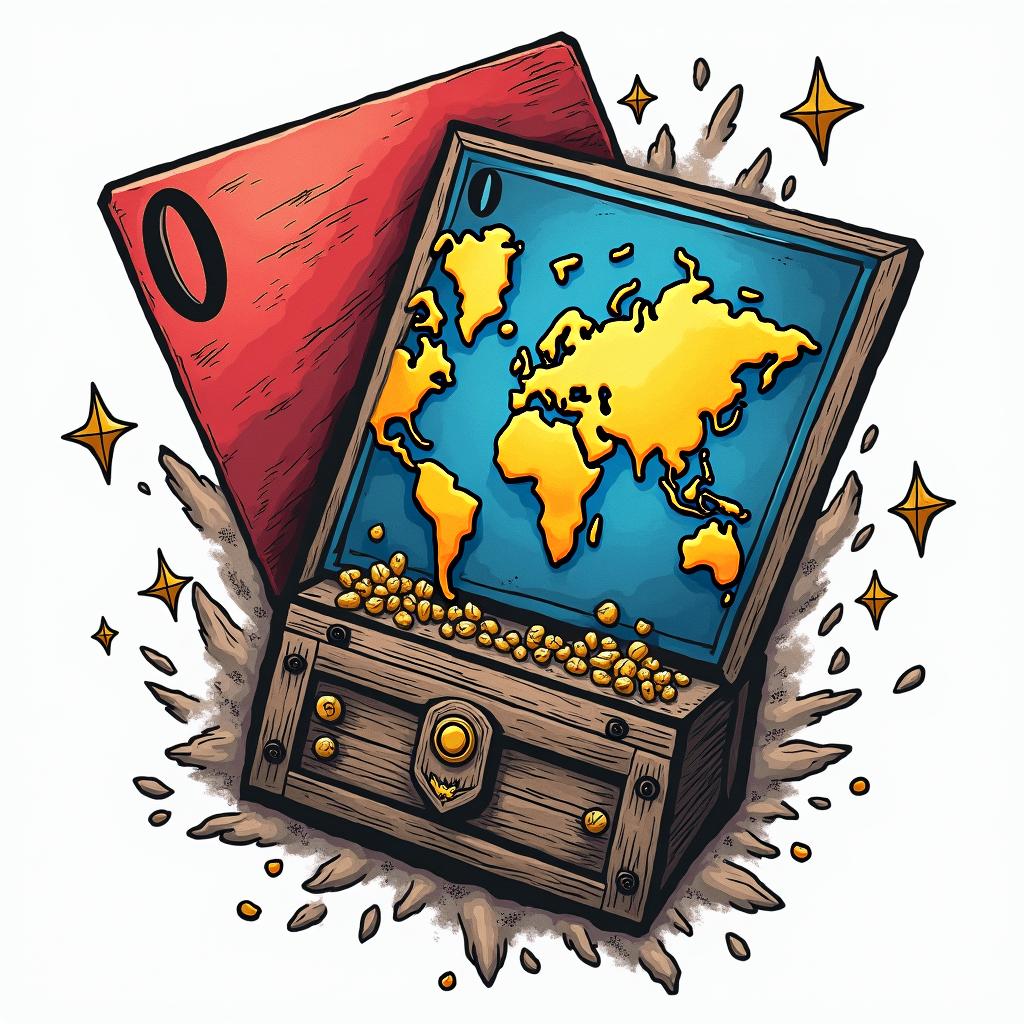 Card game, treasure, world map, Caribbeanin pop art style tattoo, featuring bold and vibrant colors, exaggerated outlines, iconic imagery, inspired by comic books and speech bubbles, comic book characters, retro pop culture - Variation 3