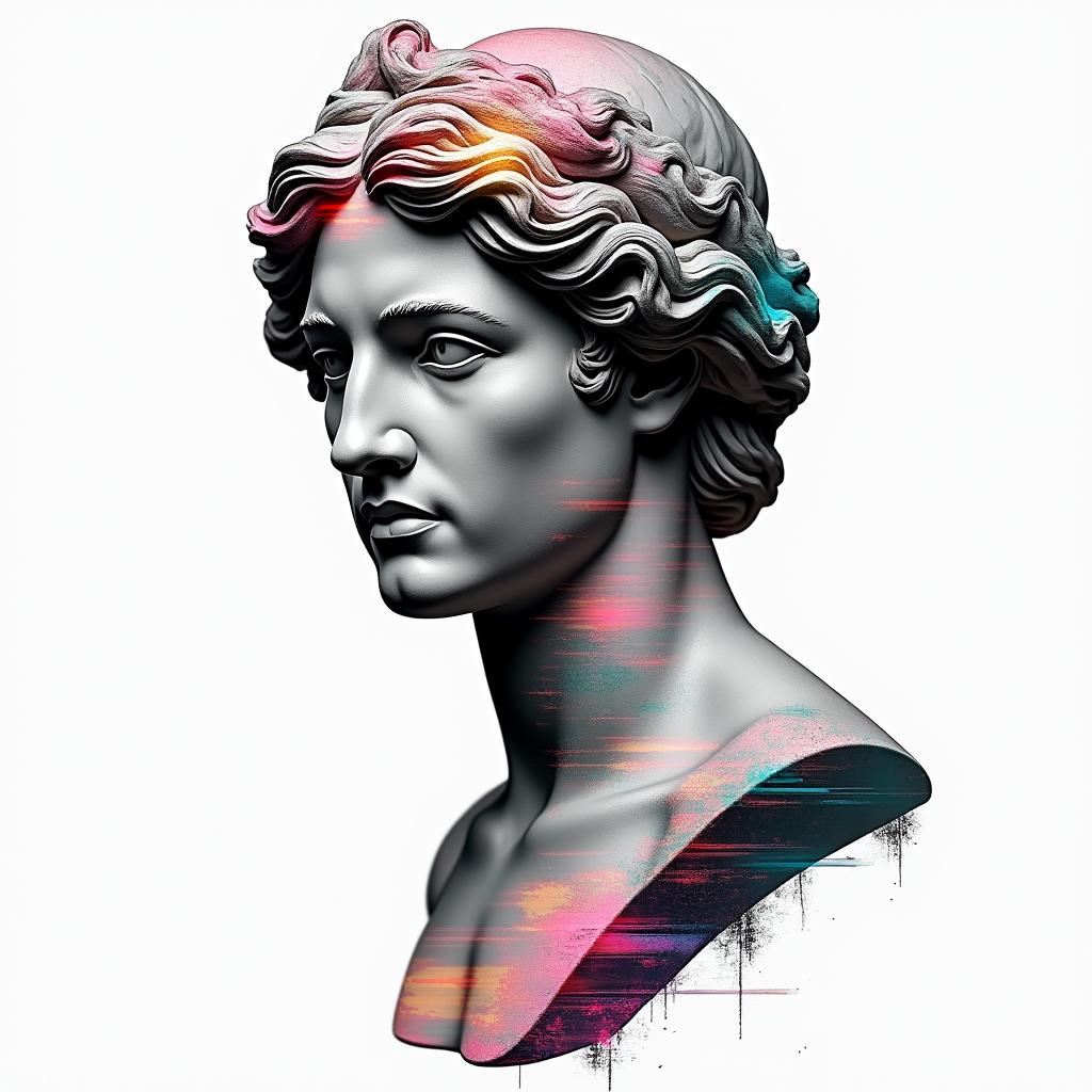 Aquarius, 32 years old born in Cali, Valle.in distorted and fragmented tattoo design, featuring a classical statue bust, in a glitch art style with vibrant, overlapping colors of cyan, magenta, and yellow, creating a digital distortion effect