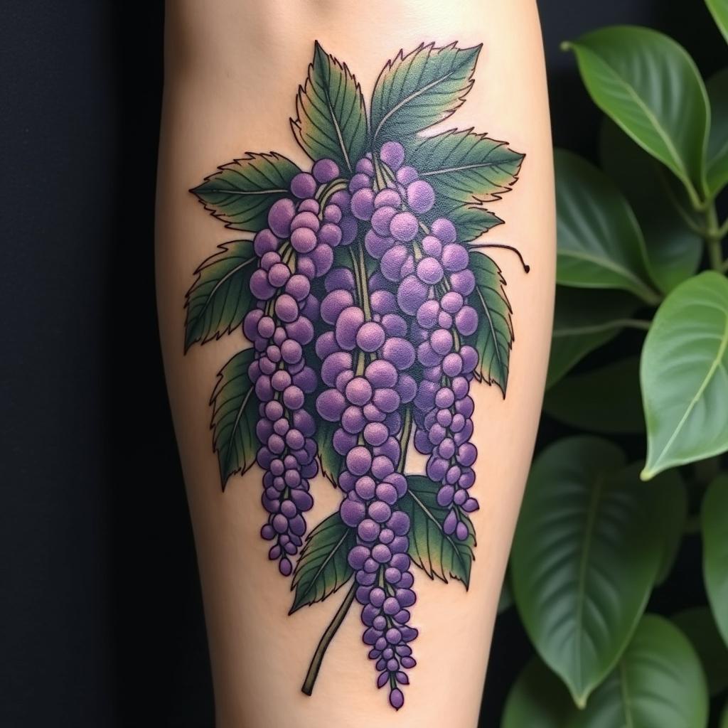 A tattoo featuring a lush wisteria plant in full color, surrounded by rich green foliage, emphasizing the elegance of the floral elements.undefined - Variation 1