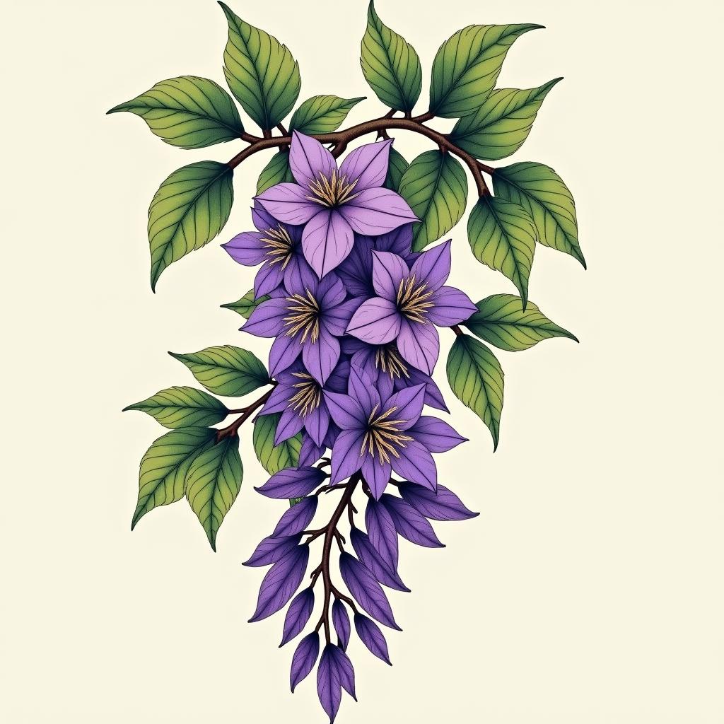 A tattoo concept of a wisteria plant, with vivid purple flowers and abundant green leaves, representing growth and beauty.undefined