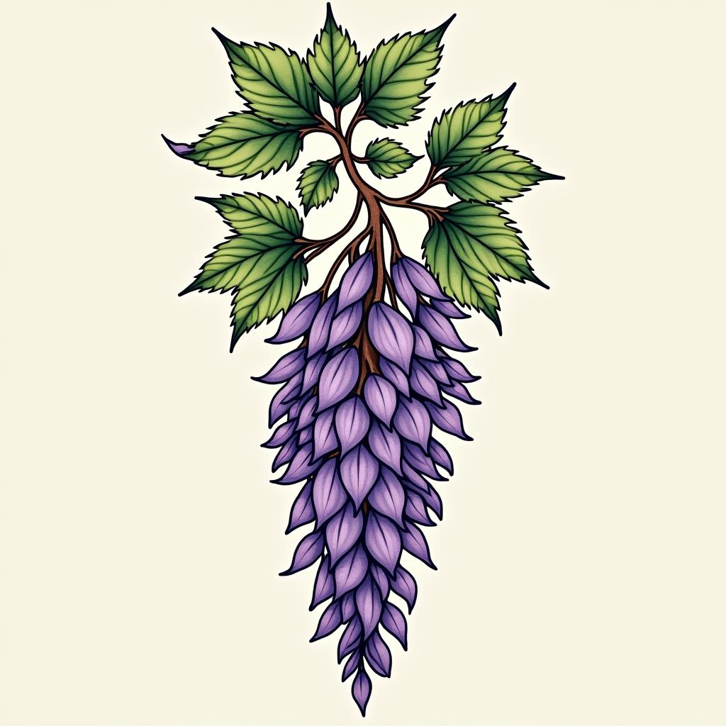 An artistic tattoo design depicting a colorful wisteria plant intertwined with green leaves, symbolizing harmony and nature.undefined