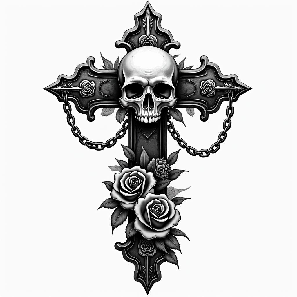 I am a Gemini and have a 6 year old daughter.in chicano style tattoo, featuring intricate black and grey shading, bold elements of traditional chicano culture symbols, add a big cross with skull, chains and roses - Variation 1