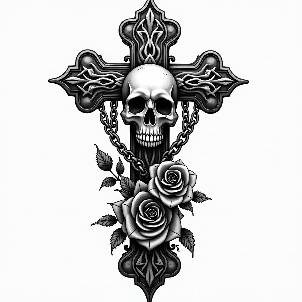 I am a Gemini and have a 6 year old daughter.in chicano style tattoo, featuring intricate black and grey shading, bold elements of traditional chicano culture symbols, add a big cross with skull, chains and roses - Variation 2