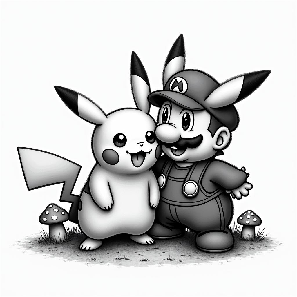 Pikachu standing next to super Mario with mushrooms around higly detailed tattoo