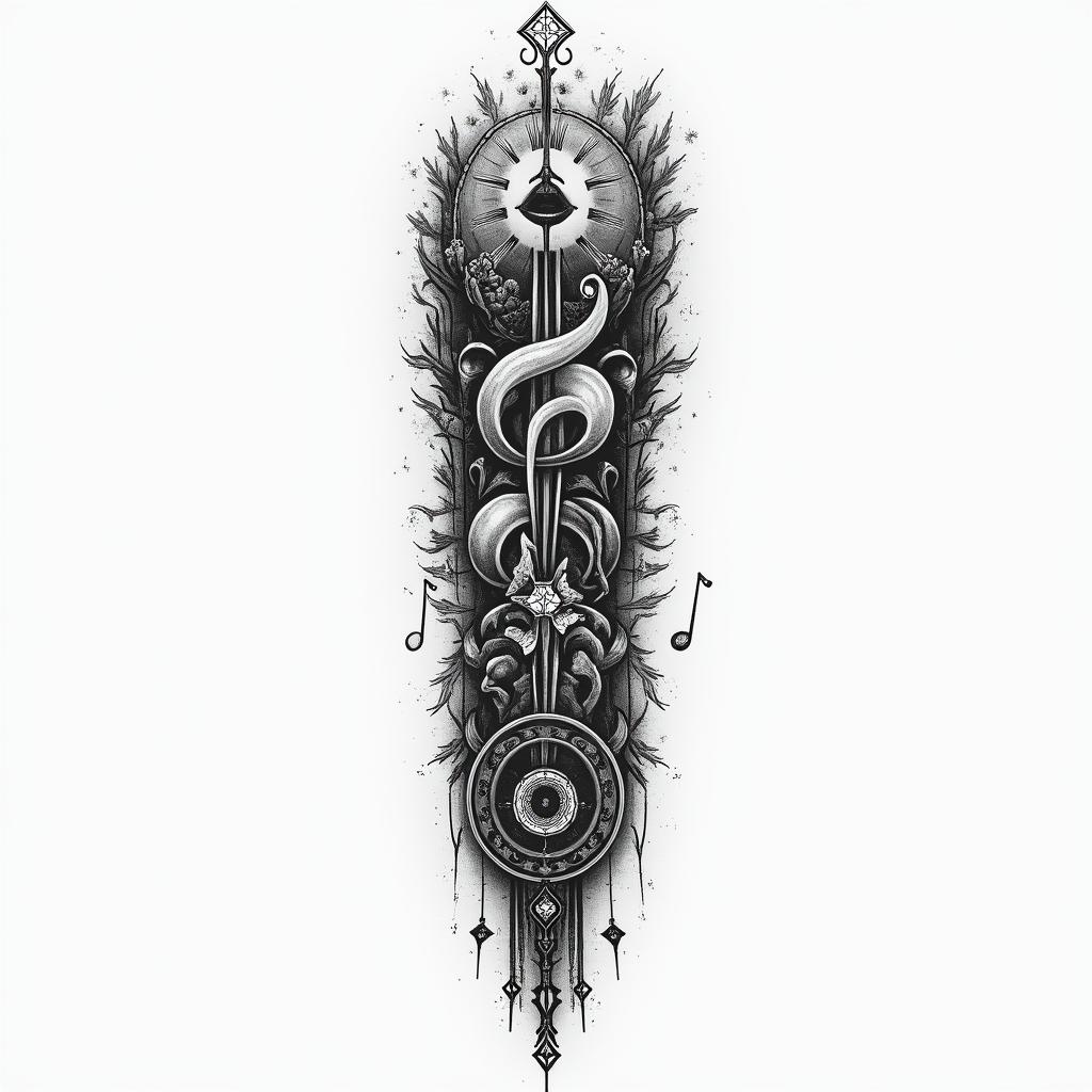 Create a half sleeve music tattoo for a man, with music notes, brass instruments, and tribalhigly detailed tattoo