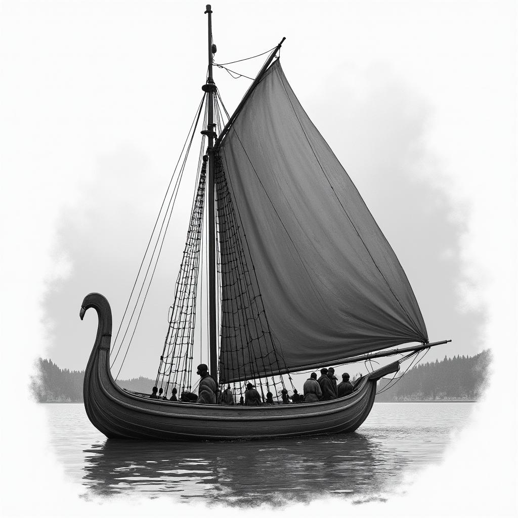Sailing, vikings, Norway, fjordsin portrait tattoo style, featuring a highly realistic and detailed depiction