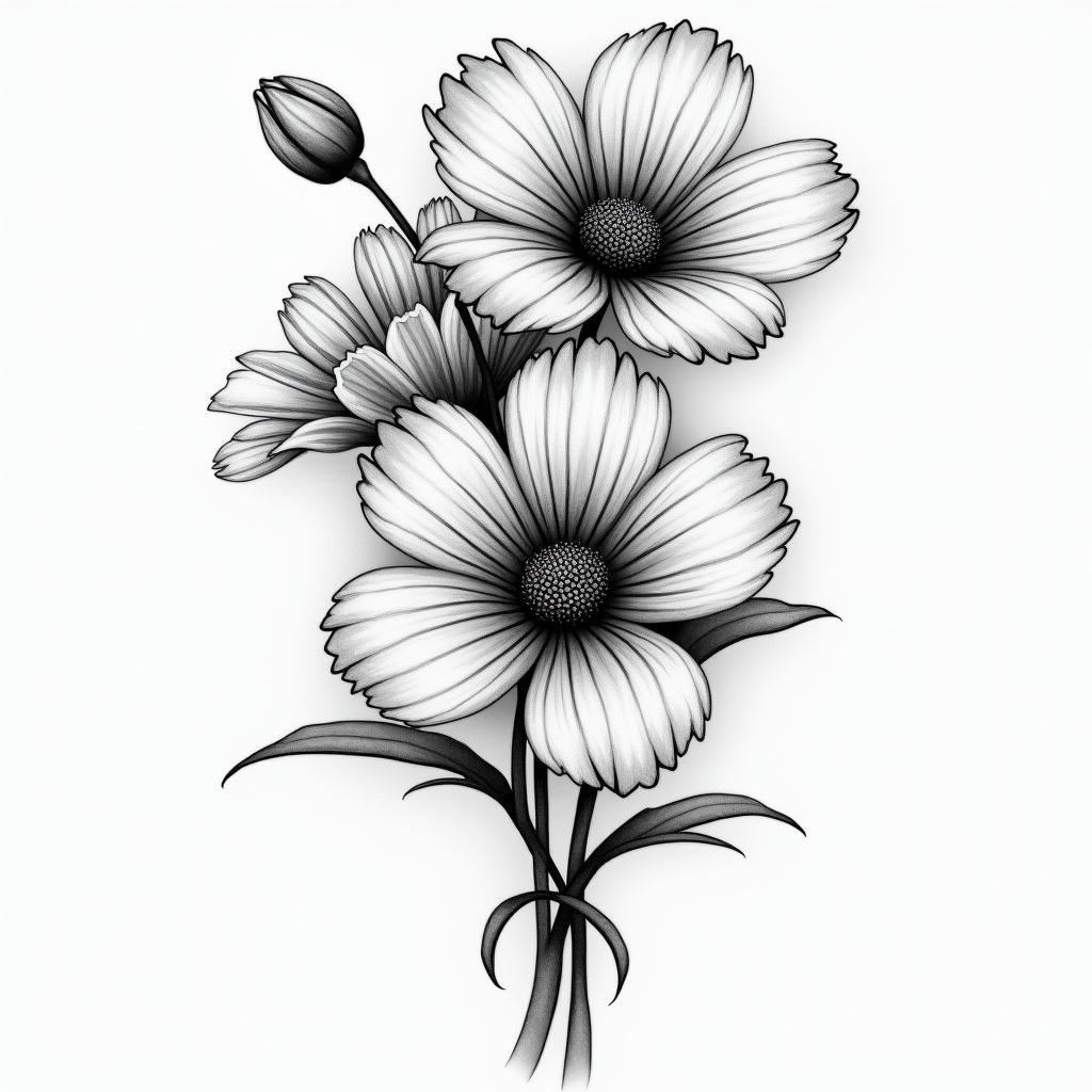 I want the tattoo “no rain no flowers” theme. but no words. I want the flowers to be cosmos and chrysanthemumin portrait tattoo style, featuring a highly realistic and detailed depiction  - Variation 2