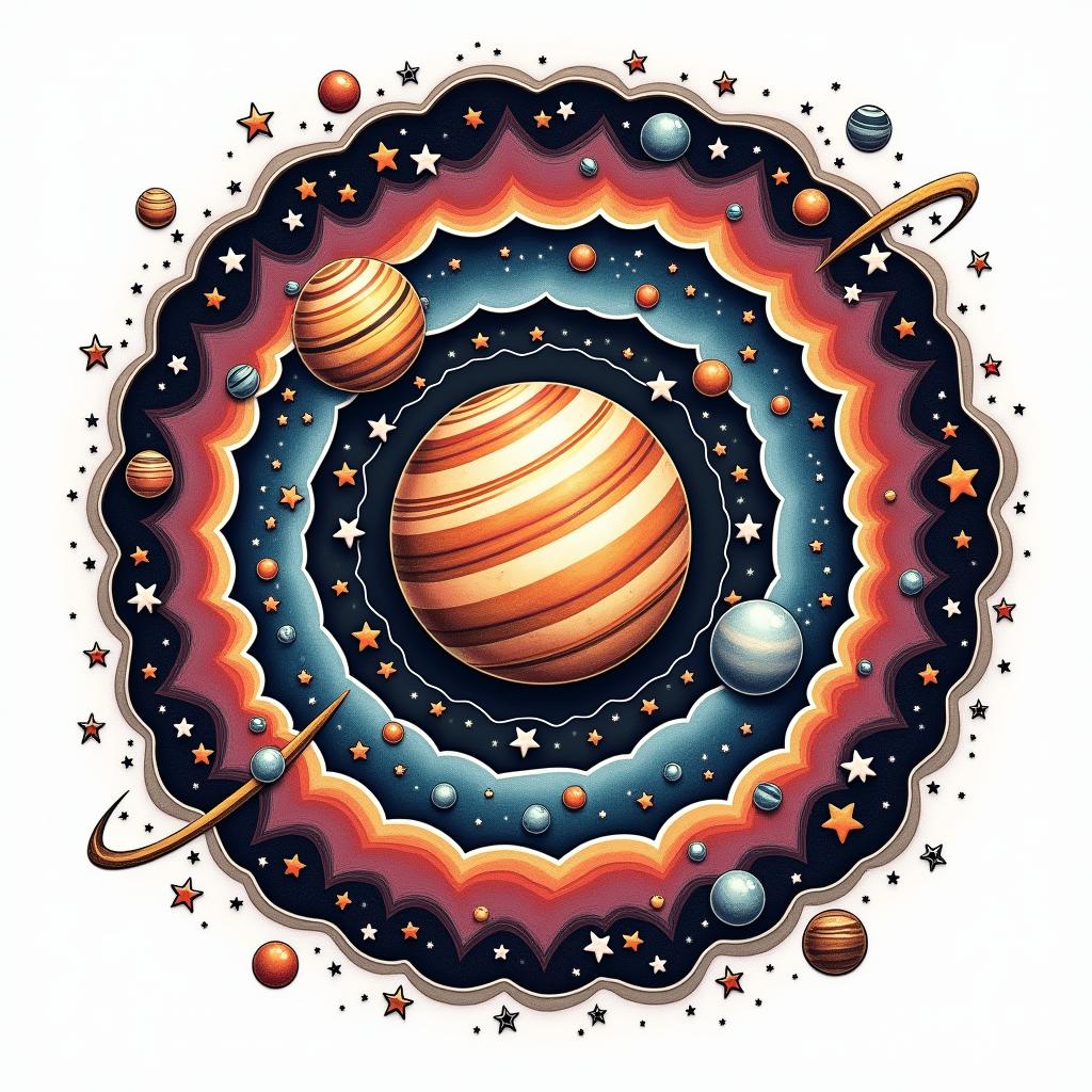 Spiral galaxy with stars and planetsin pop art style tattoo, featuring bold and vibrant colors, exaggerated outlines, iconic imagery, inspired by comic books and speech bubbles, comic book characters, retro pop culture - Variation 4