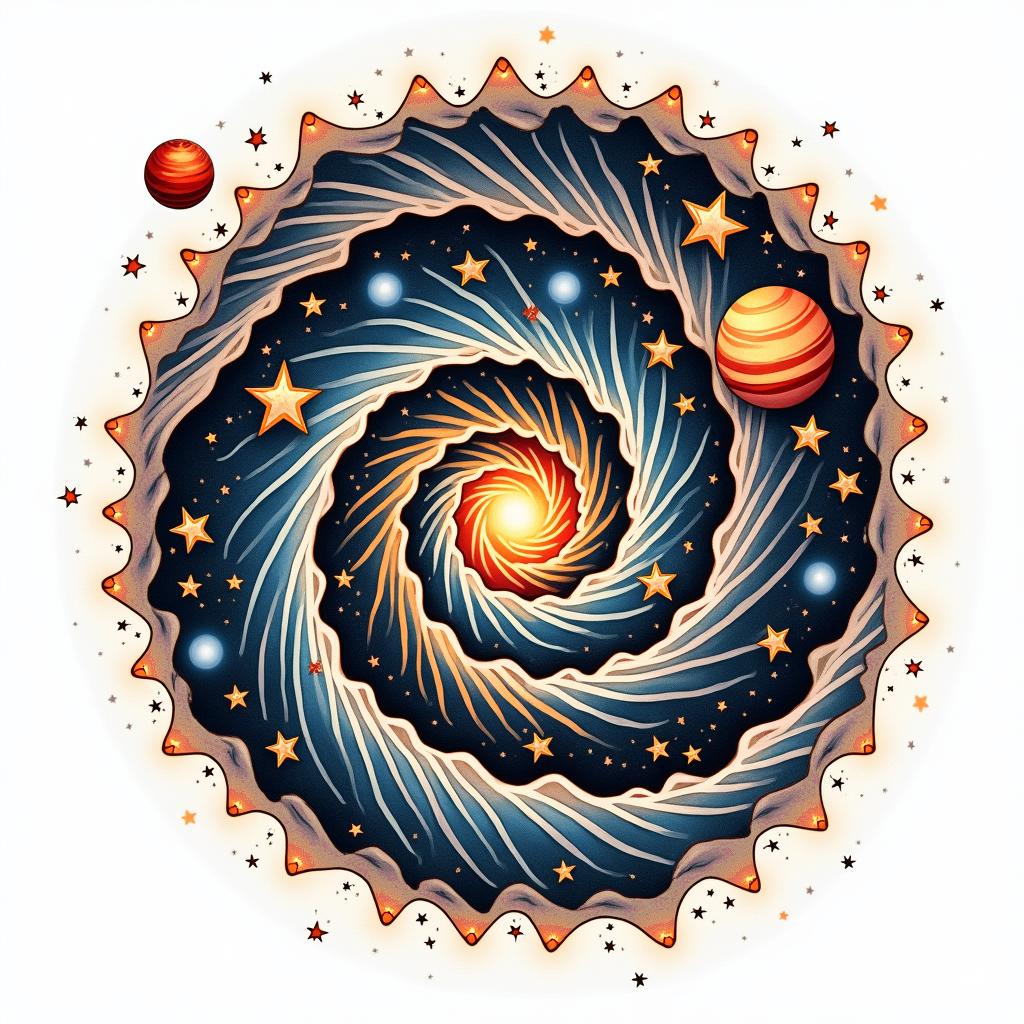 Spiral galaxy with stars and planetsin pop art style tattoo, featuring bold and vibrant colors, exaggerated outlines, iconic imagery, inspired by comic books and speech bubbles, comic book characters, retro pop culture - Variation 3