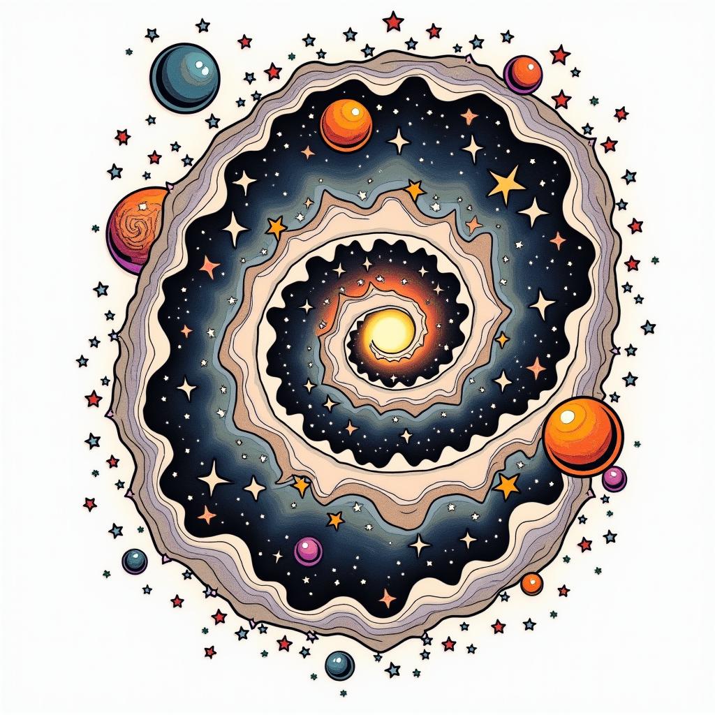 Spiral galaxy with stars and planetsin pop art style tattoo, featuring bold and vibrant colors, exaggerated outlines, iconic imagery, inspired by comic books and speech bubbles, comic book characters, retro pop culture - Variation 2