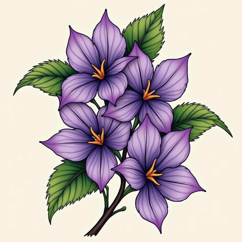 A tattoo concept of wisteria flowers in closed bud form, emphasizing the beauty of growth and potential with deep purples and vibrant greens.undefined