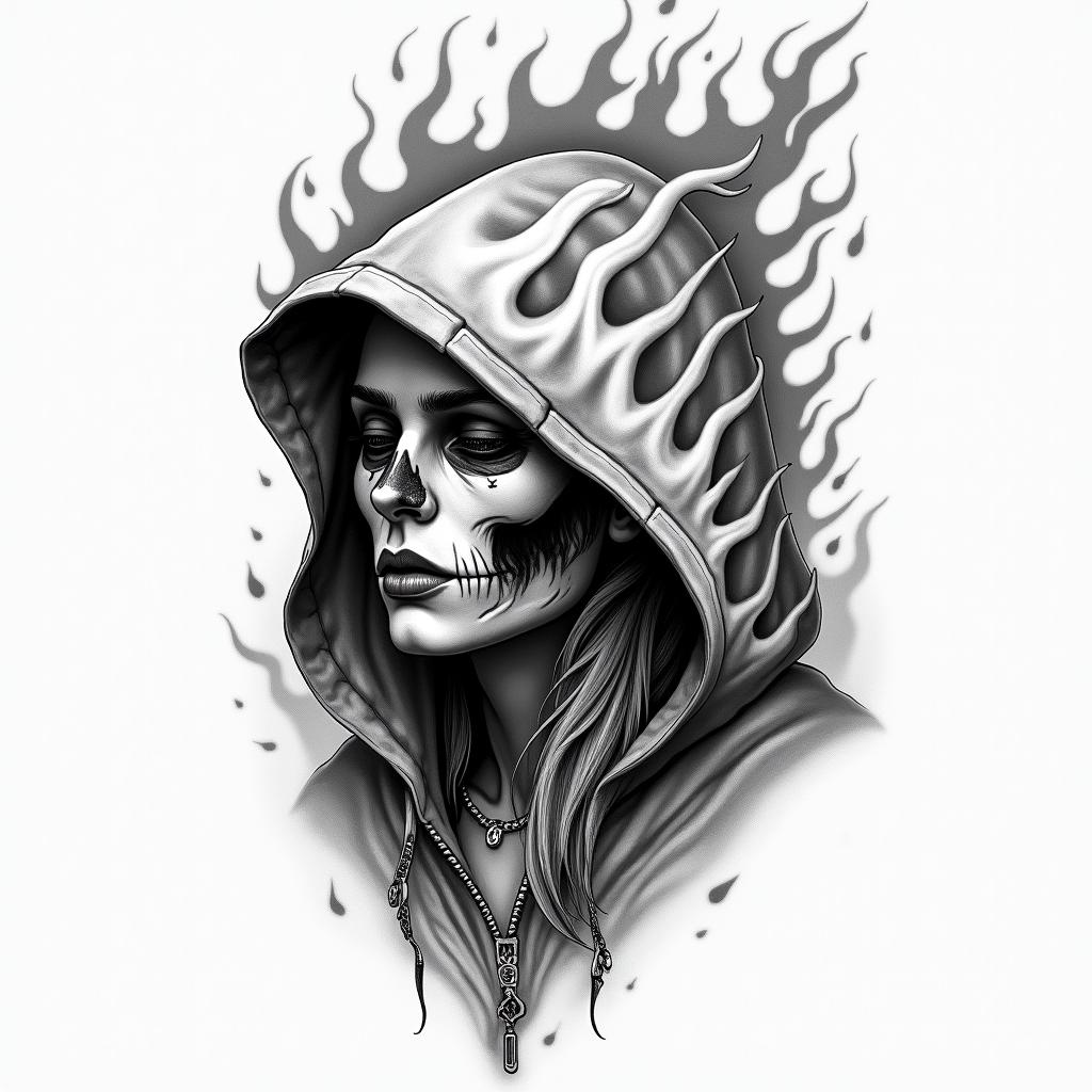 No love gang Fire Flames Hoodhigly detailed tattoo - Variation 1
