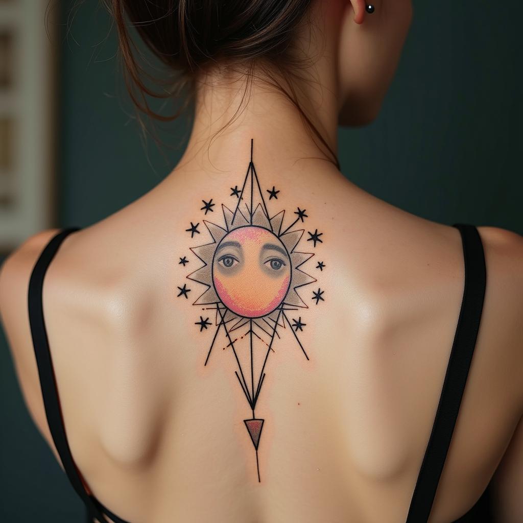 Sun moon and stars Virgoin minimalist style tattoo, featuring simple shapes and fine lines, with minimal shading and details, tiny triangles, creating a sense of balance and harmony - Variation 2
