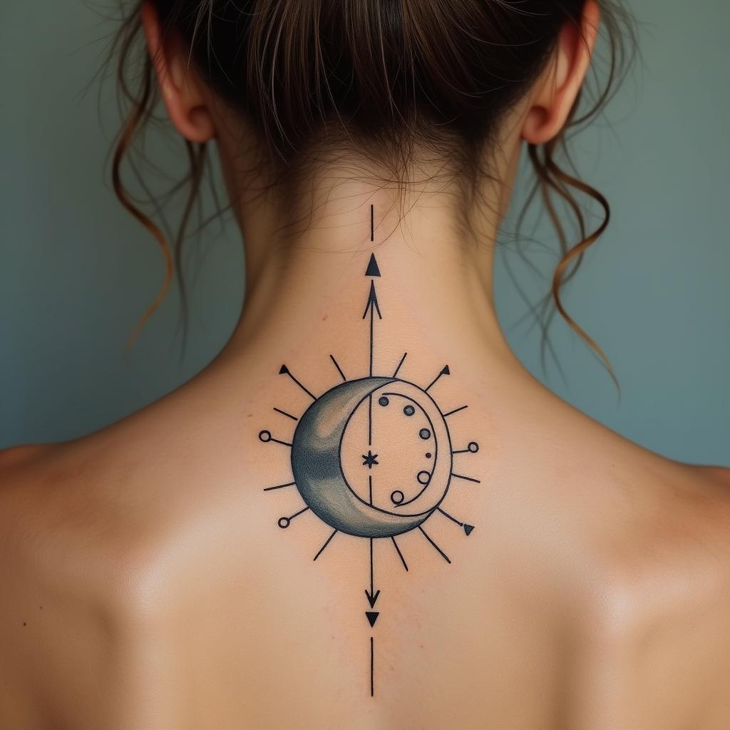 Sun moon and stars Virgoin minimalist style tattoo, featuring simple shapes and fine lines, with minimal shading and details, tiny triangles, creating a sense of balance and harmony