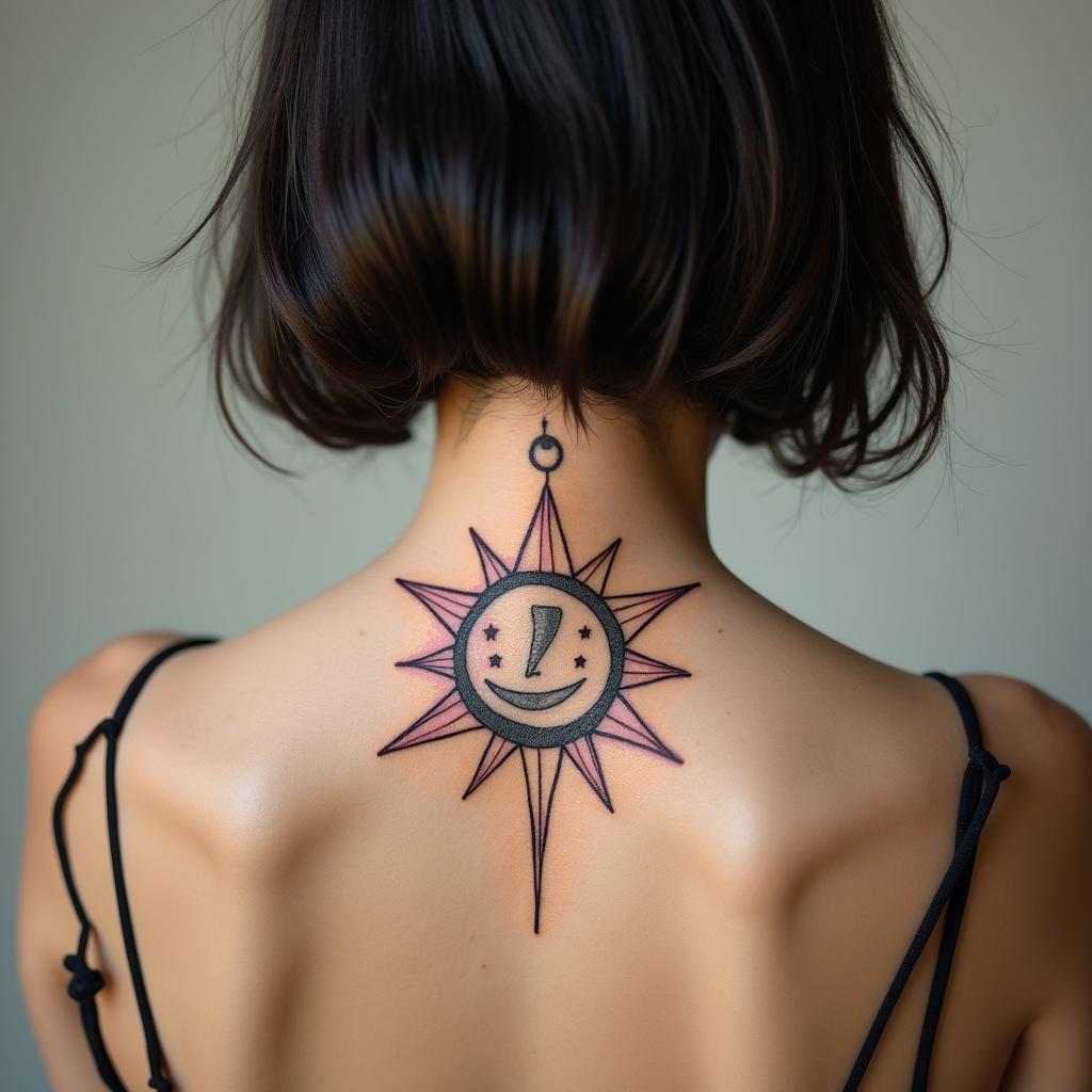 Sun moon and stars Virgoin minimalist style tattoo, featuring simple shapes and fine lines, with minimal shading and details, tiny triangles, creating a sense of balance and harmony - Variation 3