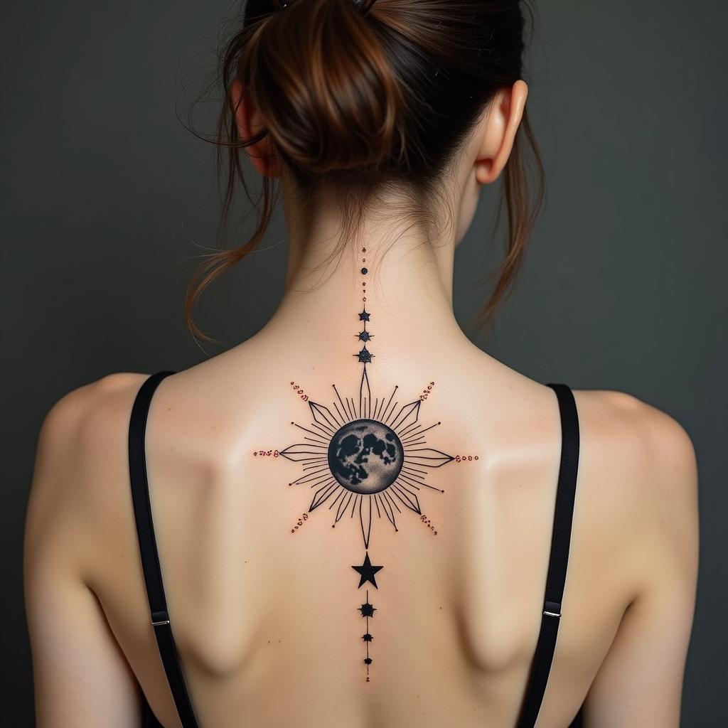 Sun moon and stars Virgoin minimalist style tattoo, featuring simple shapes and fine lines, with minimal shading and details, tiny triangles, creating a sense of balance and harmony - Variation 4