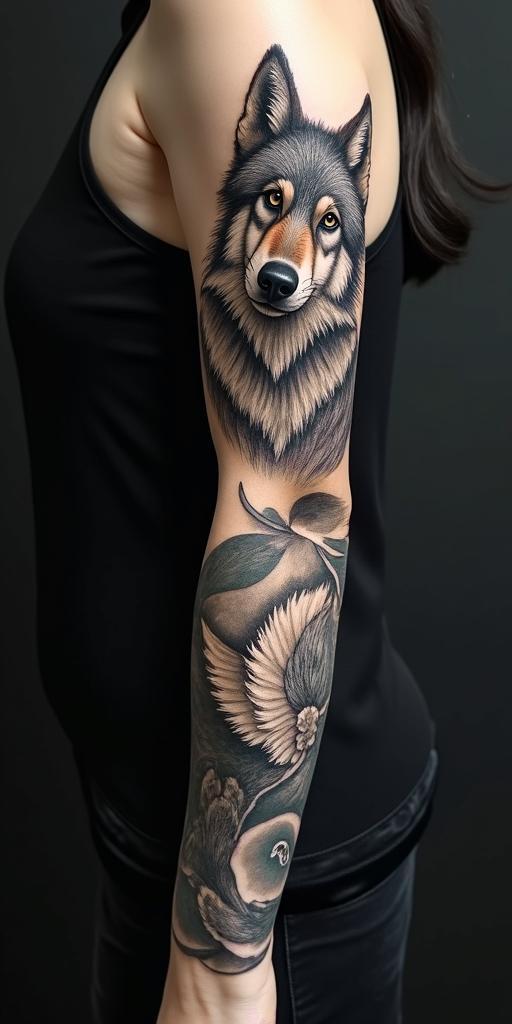arm cover up, mix of wolf and phoenixin portrait tattoo style, featuring a highly realistic and detailed depiction  - Variation 7