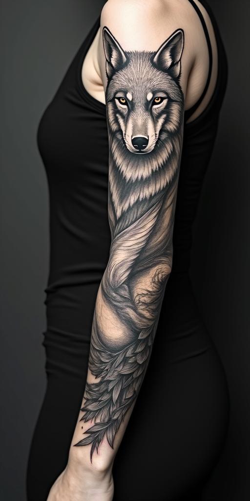 arm cover up, mix of wolf and phoenixin portrait tattoo style, featuring a highly realistic and detailed depiction  - Variation 5