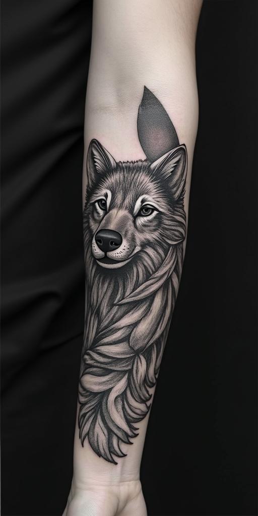 arm cover up, mix of wolf and phoenixin portrait tattoo style, featuring a highly realistic and detailed depiction  - Variation 6