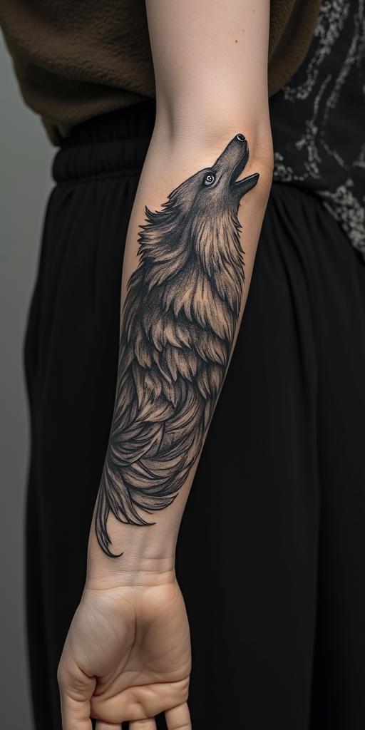 arm cover up, mix of wolf and phoenixin portrait tattoo style, featuring a highly realistic and detailed depiction  - Variation 4