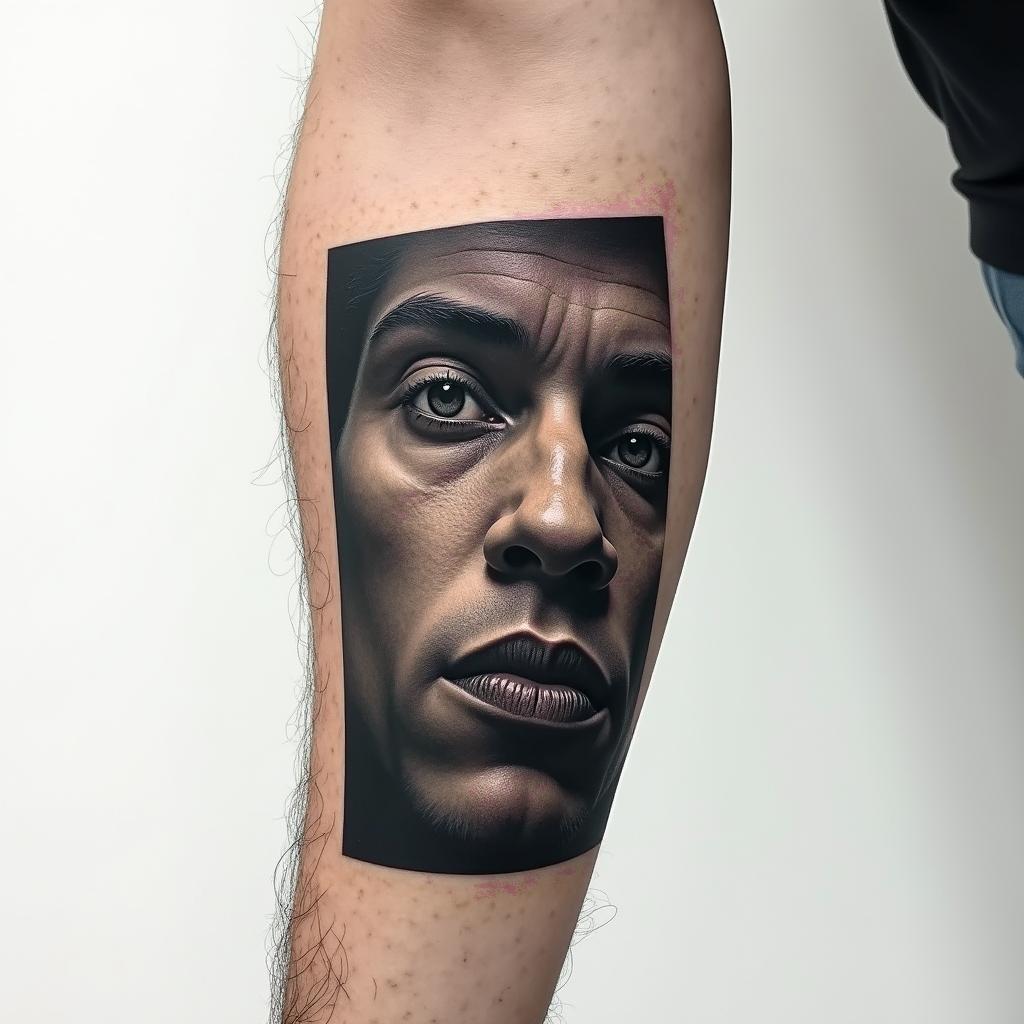 I have a tattoo on my forearm that is a rectangle, and inside the rectangle is the gaze of my brother. What could I do to complete the tattoo?higly detailed tattoo