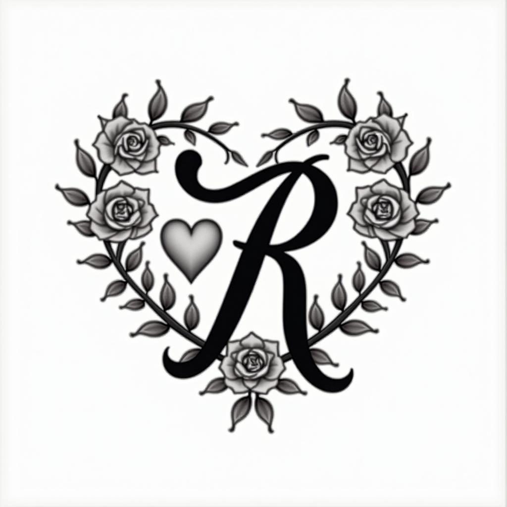 I want a heart with the letter R.in elegant cursive calligraphy style 2d tattoo, decorate with roses, featuring a smooth and flowing handwritten script with slightly thickened strokes for a luxurious and bold appearance,  heart symbol between names,  sleek and glossy black text with shadowing, minimalist matte white background, clean and sharp edges, illuminated with soft lighting, romantic, 8k, high-quality textures with refined typography - Variation 4