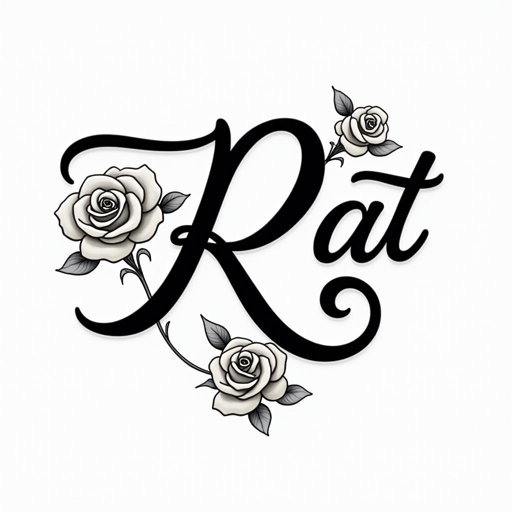 I want a heart with the letter R.in elegant cursive calligraphy style 2d tattoo, decorate with roses, featuring a smooth and flowing handwritten script with slightly thickened strokes for a luxurious and bold appearance,  heart symbol between names,  sleek and glossy black text with shadowing, minimalist matte white background, clean and sharp edges, illuminated with soft lighting, romantic, 8k, high-quality textures with refined typography