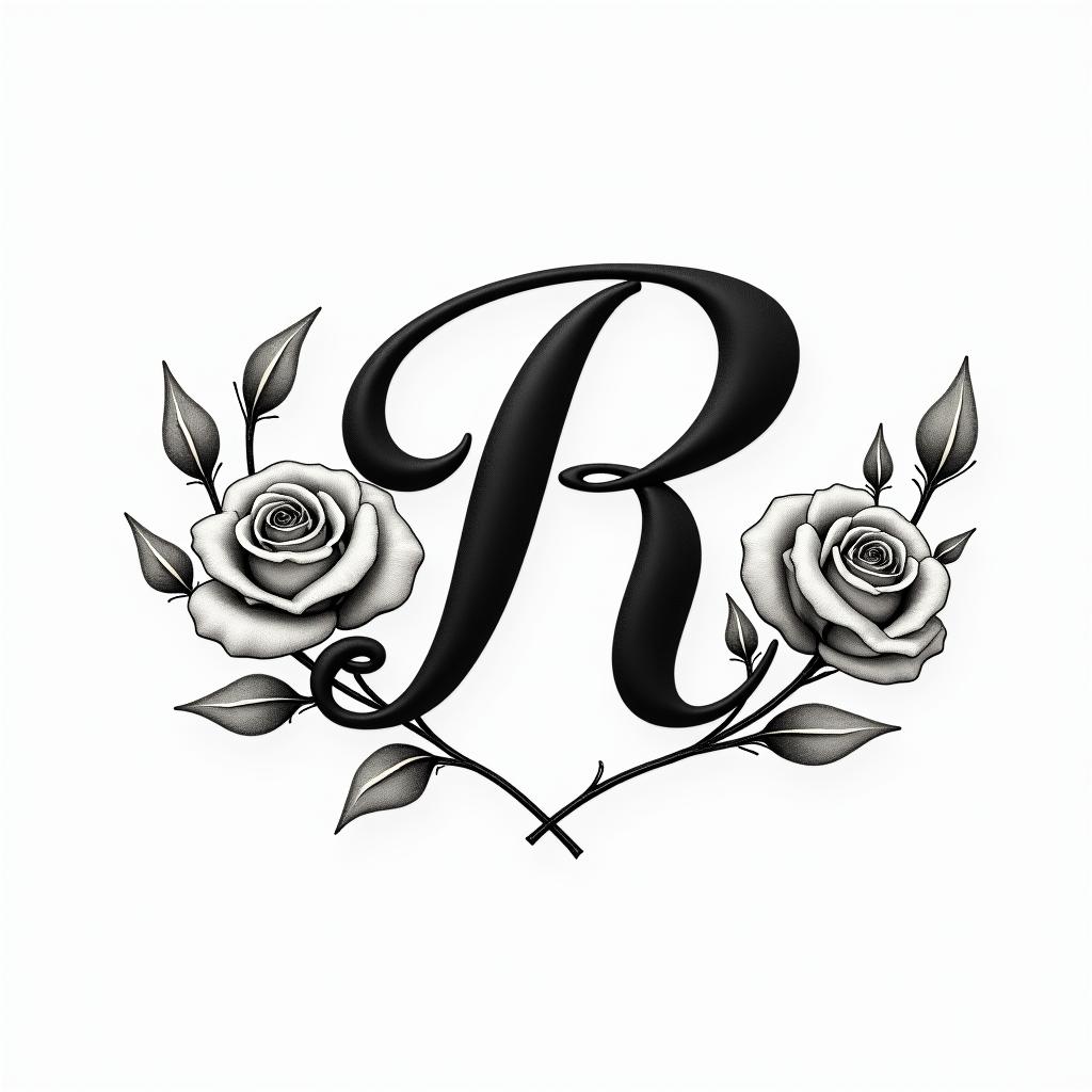 I want a heart with the letter R.in elegant cursive calligraphy style 2d tattoo, decorate with roses, featuring a smooth and flowing handwritten script with slightly thickened strokes for a luxurious and bold appearance,  heart symbol between names,  sleek and glossy black text with shadowing, minimalist matte white background, clean and sharp edges, illuminated with soft lighting, romantic, 8k, high-quality textures with refined typography - Variation 3