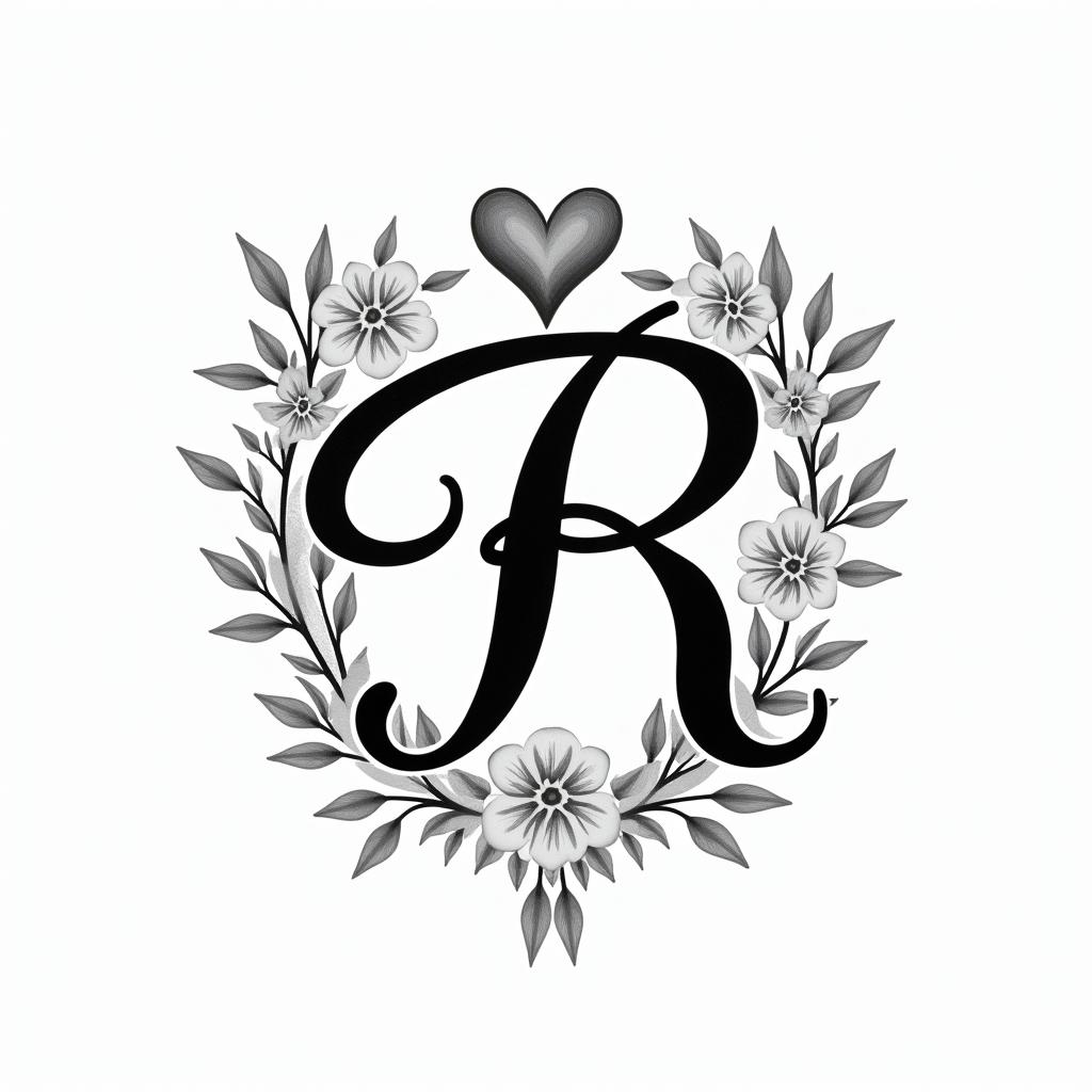 I want a heart with the letter R.in elegant cursive calligraphy style 2d tattoo, decorate with roses, featuring a smooth and flowing handwritten script with slightly thickened strokes for a luxurious and bold appearance,  heart symbol between names,  sleek and glossy black text with shadowing, minimalist matte white background, clean and sharp edges, illuminated with soft lighting, romantic, 8k, high-quality textures with refined typography - Variation 2