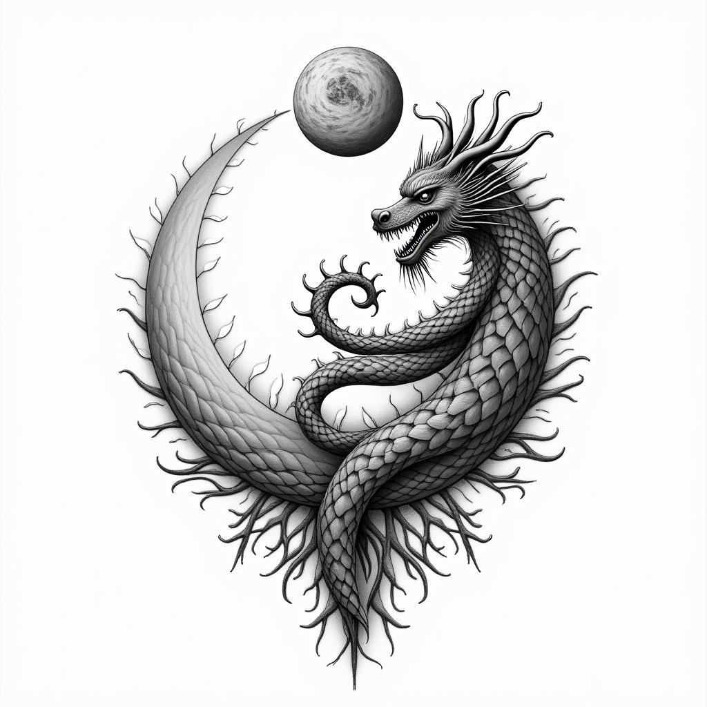 Flowing water, enlightened soul, moon,dragon, 88, cosmic vibration, strength, love, time, infinite, watching, chakrain spiritual symbols tattoo style, featuring an intricate design incorporating elements, Hamsa hand, third eye, minimalist composition