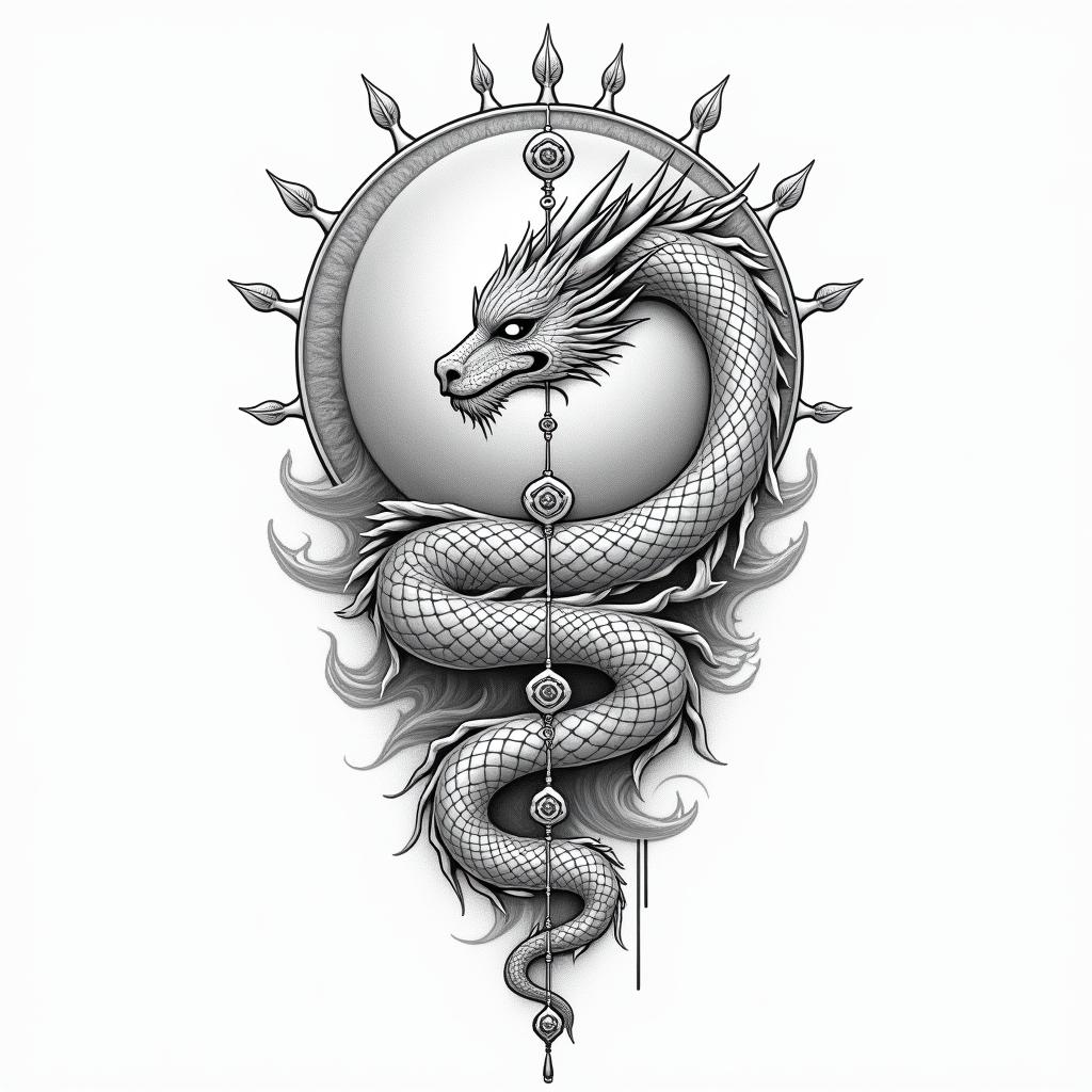 Flowing water, enlightened soul, moon,dragon, 88, cosmic vibration, strength, love, time, infinite, watching, chakrain spiritual symbols tattoo style, featuring an intricate design incorporating elements, Hamsa hand, third eye, minimalist composition - Variation 3