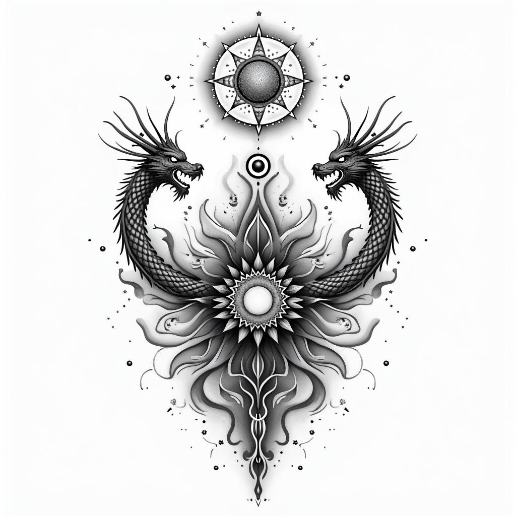 Flowing water, enlightened soul, moon,dragon, 88, cosmic vibration, strength, love, time, infinite, watching, chakrain spiritual symbols tattoo style, featuring an intricate design incorporating elements, Hamsa hand, third eye, minimalist composition - Variation 2