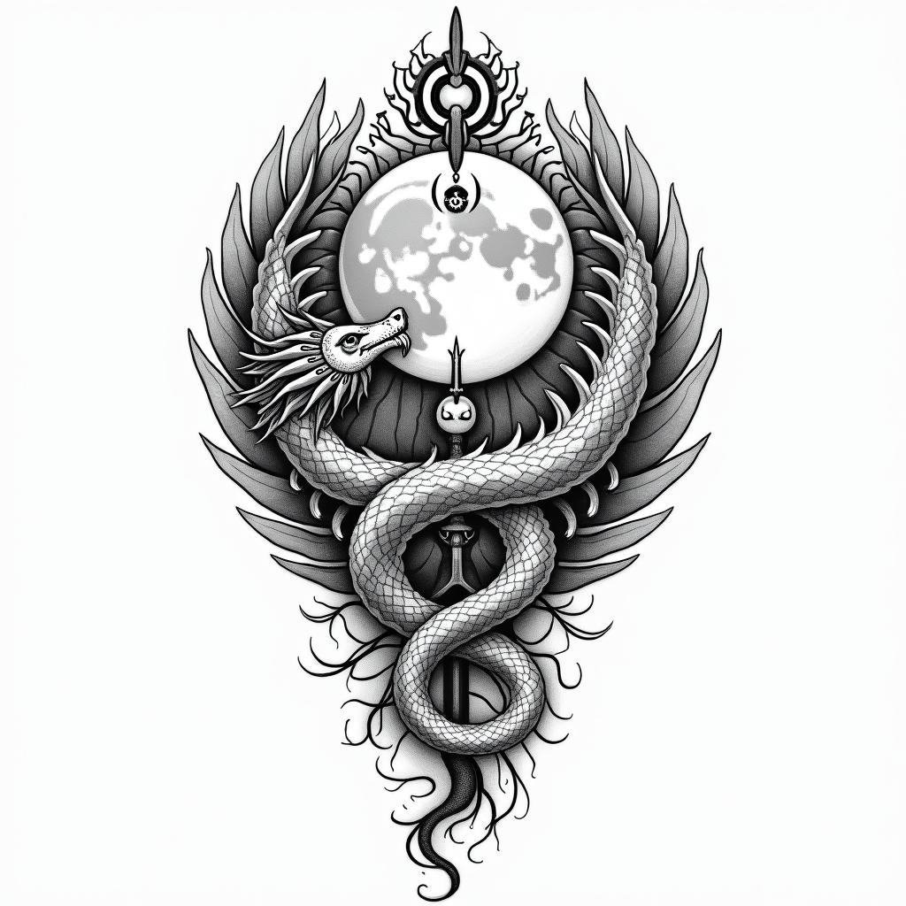 Flowing water, enlightened soul, moon,dragon, 88, cosmic vibration, strength, love, time, infinite, watching, chakrain spiritual symbols tattoo style, featuring an intricate design incorporating elements, Hamsa hand, third eye, minimalist composition - Variation 4