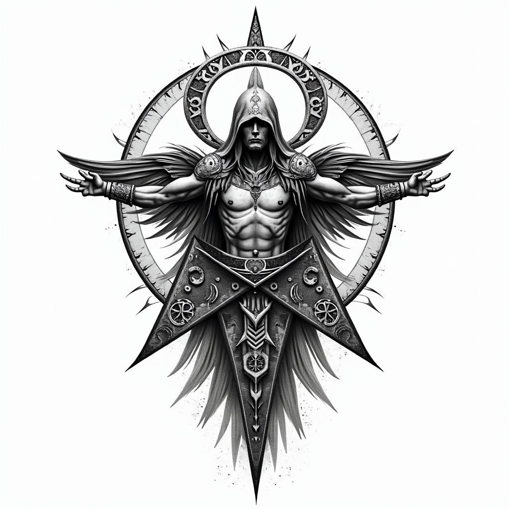 rage, warriorin paganic style tattoo, featuring ancient symbols, add vegvisir symbol, mystical figures, incorporating designs, pentagrams, runes, crescent moons, - Variation 7