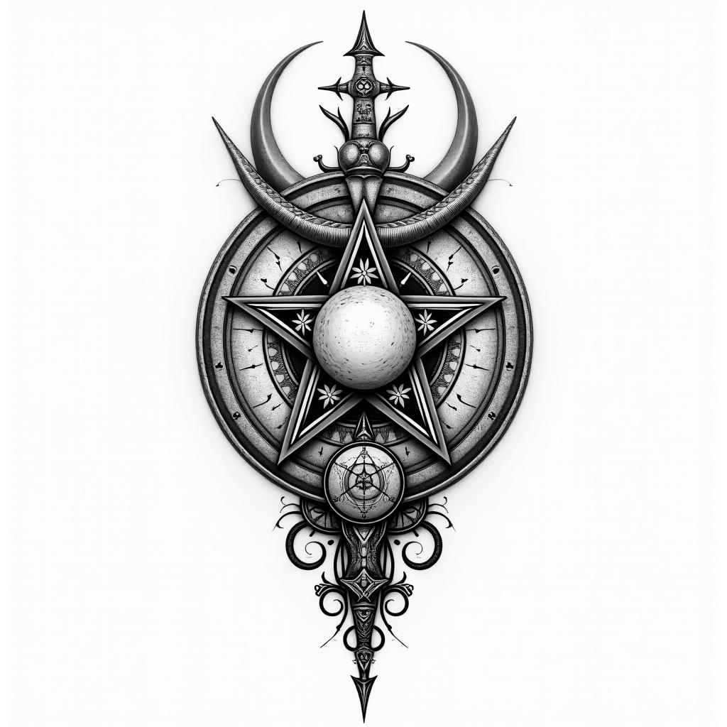 rage, warriorin paganic style tattoo, featuring ancient symbols, add vegvisir symbol, mystical figures, incorporating designs, pentagrams, runes, crescent moons, - Variation 6