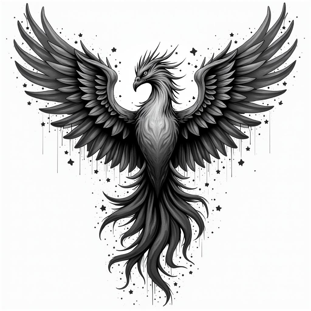 Phoenix risingin graffiti style tattoo, featuring bold and dynamic street art elements, spray-paint texture with exaggerated lines and expressive, chaotic brushstrokes, intricate lettering incorporated with graffiti tags, symbols like hearts, stars, and wings