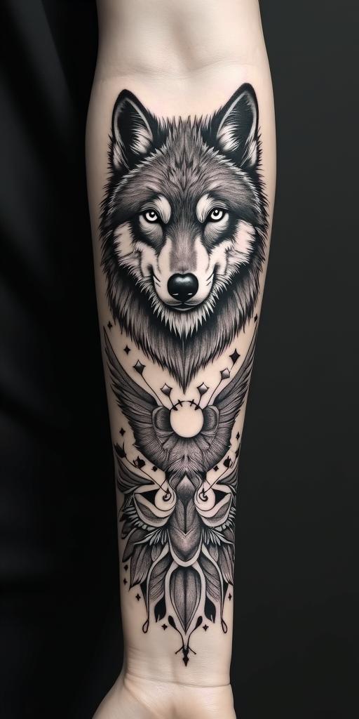 arm cover up, mix of wolf and phoenixin prophecy tattoo style, featuring mystical symbols, celestial imagery like stars, moons, suns, geometric patterns, foretelling elements, an eye of wisdom