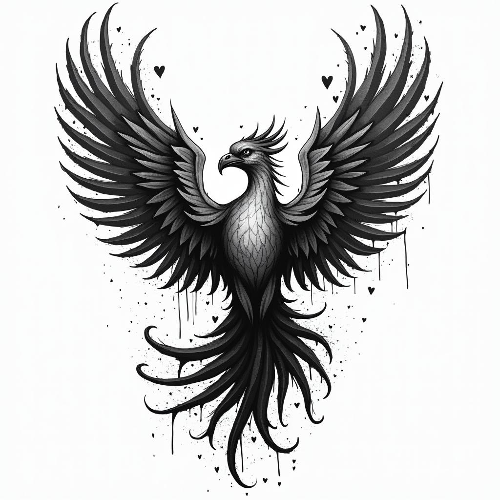 Phoenix risingin graffiti style tattoo, featuring bold and dynamic street art elements, spray-paint texture with exaggerated lines and expressive, chaotic brushstrokes, intricate lettering incorporated with graffiti tags, symbols like hearts, stars, and wings - Variation 2
